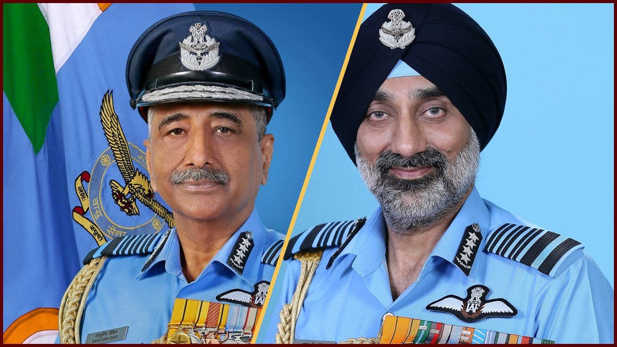 Split photo of Air Chief Marshal Ashutosh Dixit (left) and Air Chief Marshal Amar Preet Singh (right) in official Indian Air Force portraits