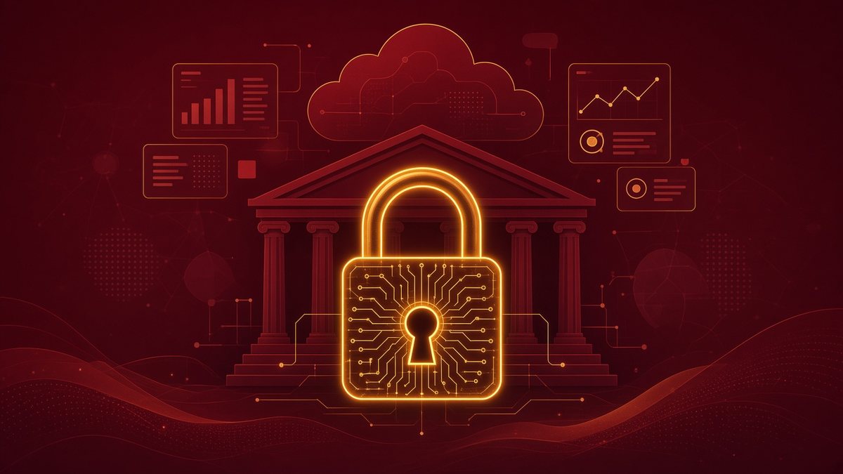 AI illustration of a glowing digital padlock in front of a bank building (not a real image of the bank)