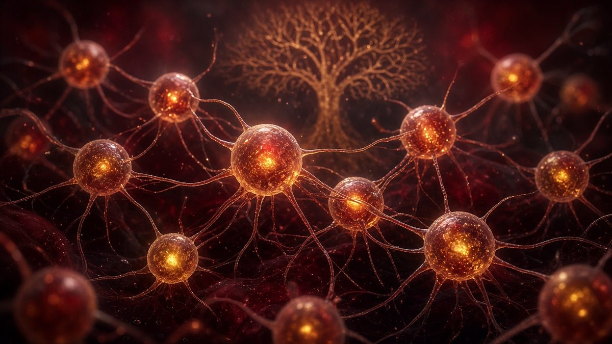 AI illustration of tiny glowing round microbes reaching out with long branching tendrils to touch neighbouring cells, in dark red and gold