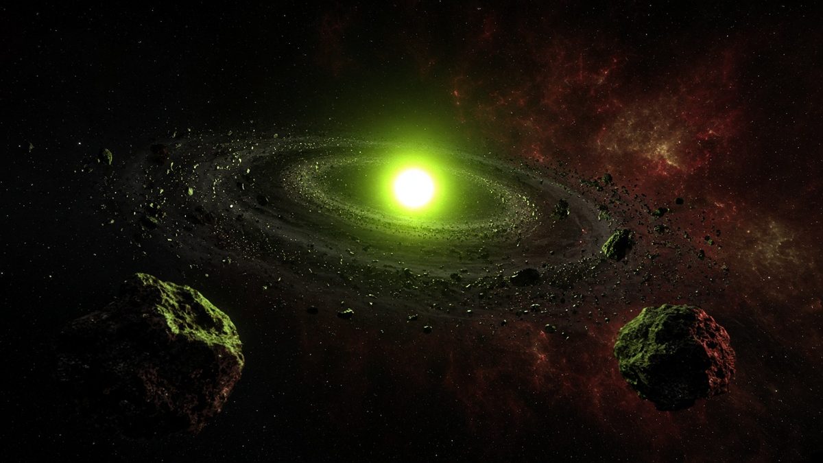 AI illustration of a small glowing green dead star surrounded by a swirling ring of shattered rocky debris, with dark red and gold nebula in the background