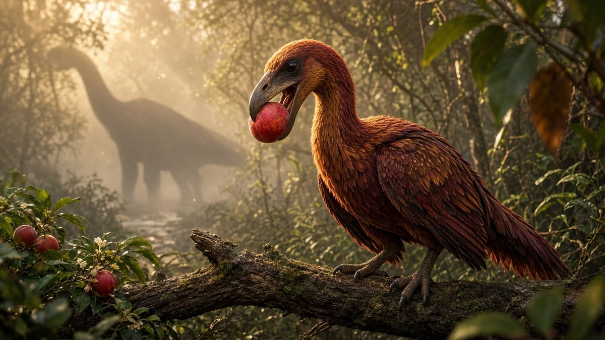 AI illustration of a feathered, beaked bird-like dinosaur holding a red fruit in a misty Cretaceous forest