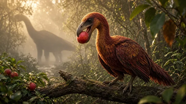 AI illustration of a feathered, beaked bird-like dinosaur holding a red fruit in a misty Cretaceous forest