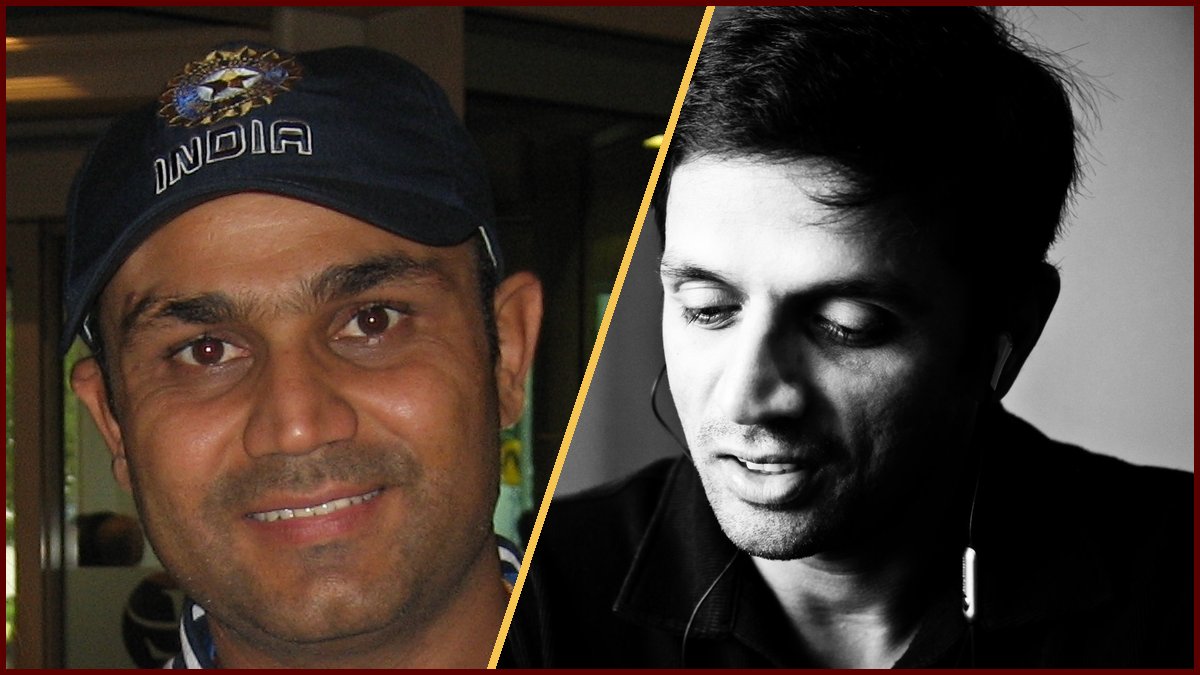 Collage of Wikimedia Commons photos of Virender Sehwag (left, 2008) and Rahul Dravid (right, 2010), fathers of U19 squad members Aaryavir Sehwag and Anvay Dravid