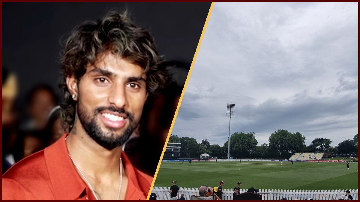 Collage of Wikimedia Commons photos of India vice-captain Tilak Varma (left, March 2026, not at a match) and Seddon Park in Hamilton (right, December 2025 domestic match); not photos from this series
