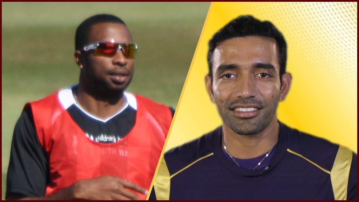 Collage of Wikimedia Commons photos of Kieron Pollard (left, training in 2010) and Robin Uthappa (right, 2014); not photos from the Mumbai Indians announcement