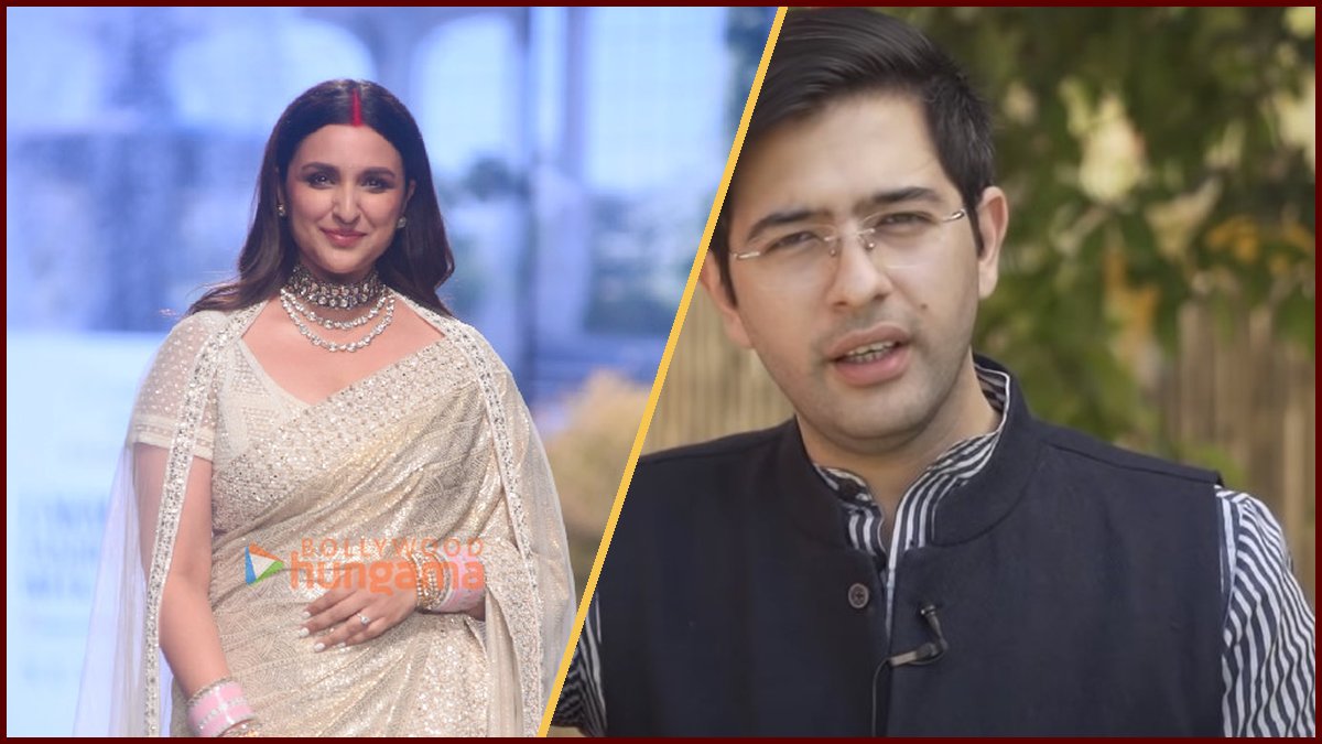 Collage of Wikimedia Commons photos of Parineeti Chopra (left, Lakme Fashion Week 2023) and Raghav Chadha (right, 2019); not photos from the flight