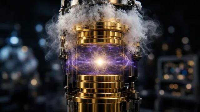 AI illustration of a single glowing antimatter particle held inside a gold cryogenic particle trap