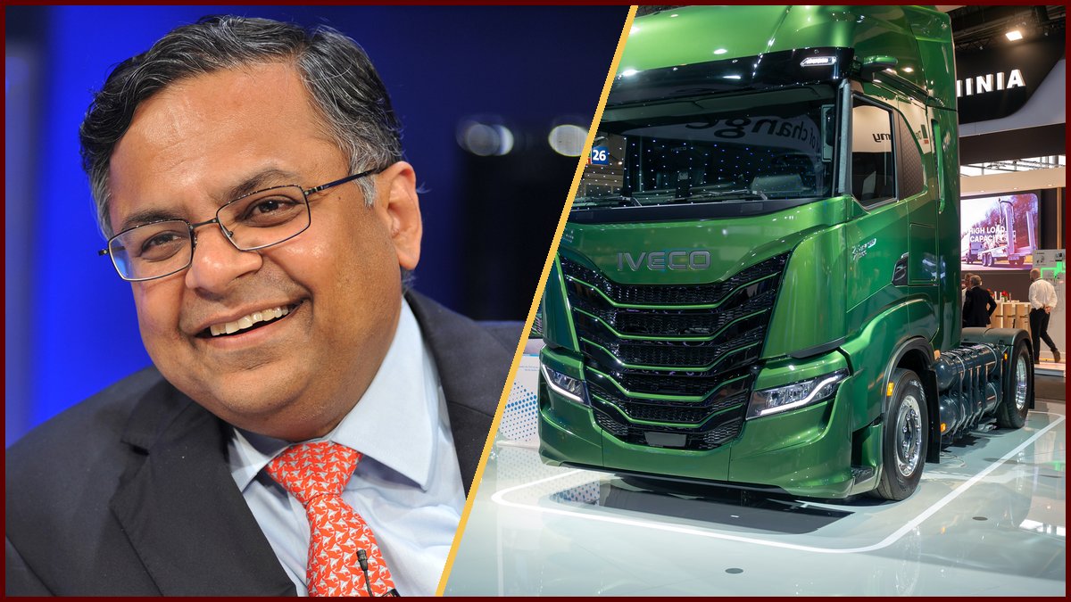 Collage of Wikimedia Commons photos of Tata Sons chairman N. Chandrasekaran (left, India Economic Summit 2011) and an Iveco S-Way truck (right, IAA Transportation 2024); not photos from the deal