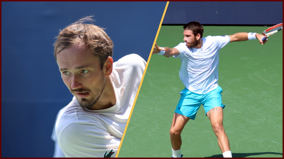 Collage of Wikimedia Commons photos of Daniil Medvedev (left, practice at the 2025 Washington Open) and Cameron Norrie (right, 2022 Western & Southern Open); not photos from Vienna
