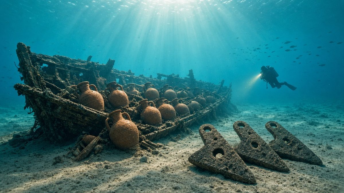 AI illustration of an ancient Bronze Age shipwreck with clay amphorae and stone anchors on the seabed