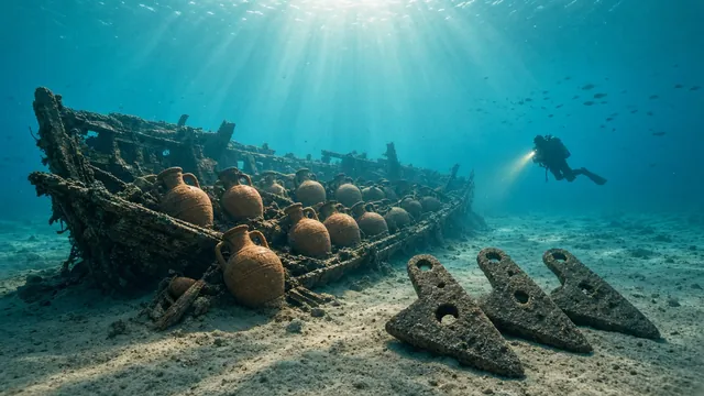 AI illustration of an ancient Bronze Age shipwreck with clay amphorae and stone anchors on the seabed