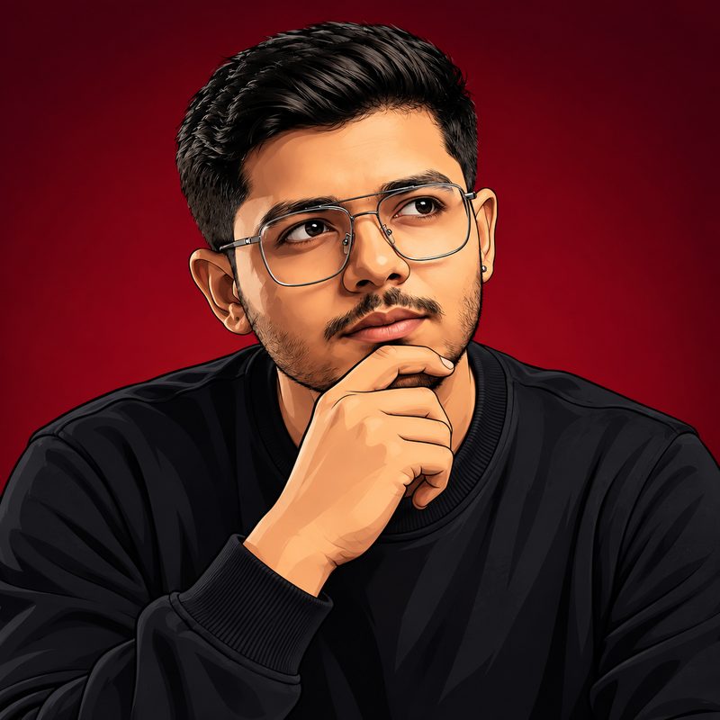 Illustrated portrait of Tarjan Khatri, CEO and Founder of Globitz, in a thinking pose on a red background
